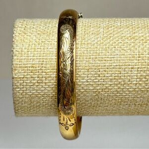 Antique 14k Gold Filled Push Button Etched Floral Bracelet Bangle HFB
